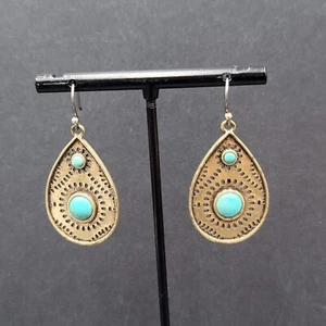Pierced Earrings Gold tone Open Work Blue Stone Teardrop Dangle 1.25" - Picture 1 of 11