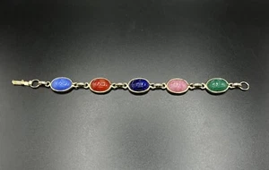 Vintage Egyptian Scarab Gold Tone Bracelet 5 Multi Colored Stones Stunning Rare - Picture 1 of 13
