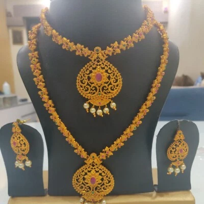 Conjunto combinado de collar de templo chapado en oro de pelo largo de piedra Kemp indio joyería nupcial Foto 1 de 4