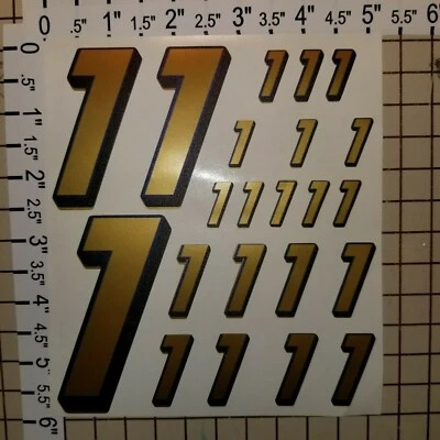 Gold w/ blue / black #1's  Racing Numbers Vinyl Decal Sheet 1/10- 1/12 slash - Image 1 of 4