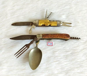 Antique Foldable Knife Cork Opener & Spoon Multi Tool Pair Collectible TL120 - Picture 1 of 8