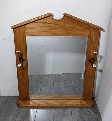 Vintage Rustic Farmhouse Oak Wood Hall Tree Wall Mirror Brass Hooks Victorian Cover