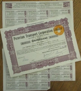 Lima, Peru 1957 Stock Bond Certificate, Peruvian Transport Corporation Limited - Bild 1 von 1