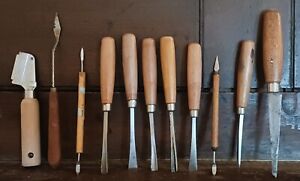 Vintage 11 Pc Set of Wood Carving Tools Unbranded & Demco & Warner Wood Handles