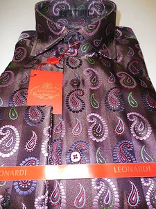Mens Leonardi Deep Brown Pink Paisley French Cuff Shirt Style# 134 size Medium - Picture 1 of 3