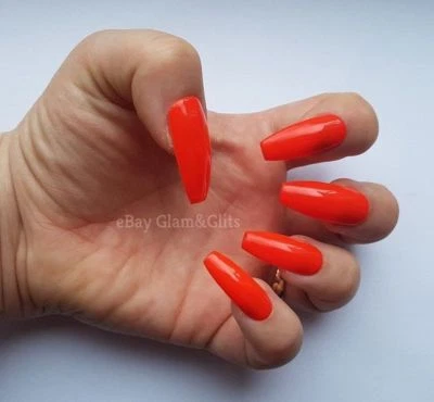 24 Hand Painted Gel Press On False Nails Neon Red Orange Coffin Stiletto Square