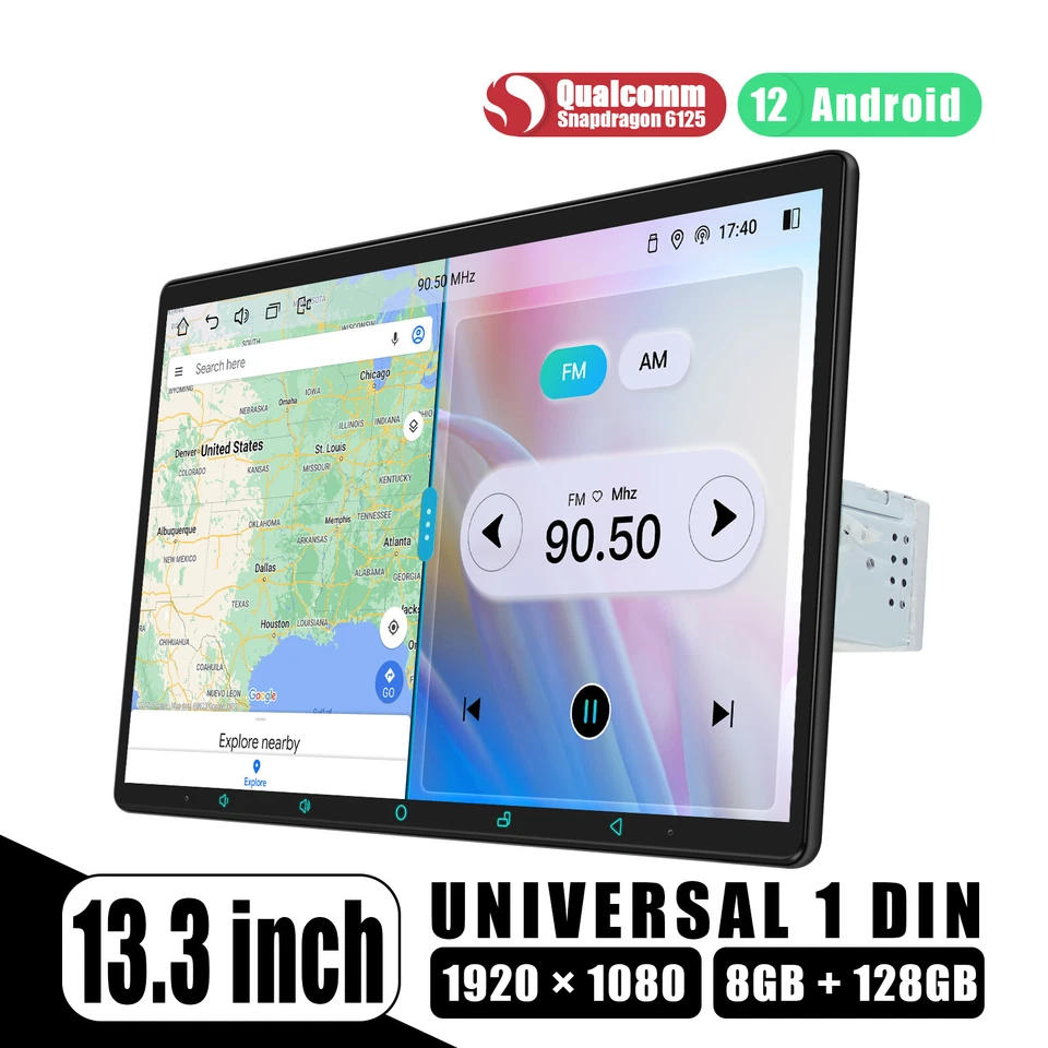 13,3 Zoll Qualcomm 8-Kern Android 12 Einzeln DIN Autoradio GPS 8+128GB 4G LTE FM - Bild 1 von 4