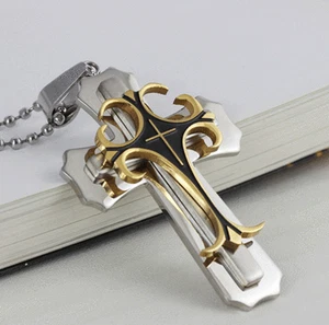 Cross Pendant Necklace Stainless Steel Crucifix Cuban Gold Black Men Unisex New - Picture 1 of 12