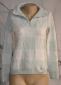 Maglione CROFT & BARROW BLU-GRIGIO BIANCO A QUADRI FUZZY XS scollo zip maniche lunghe - Foto 1 di 7