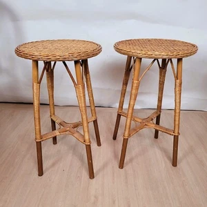 PAire De tables / sellettes rondes En Rotin, Milieu XXème Siècle - Picture 1 of 6