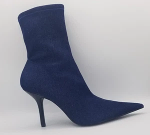 H&M Heeled Boots Dark Denim Blue Stretchy Fabric Pointed Toes Size 9US - Picture 1 of 11