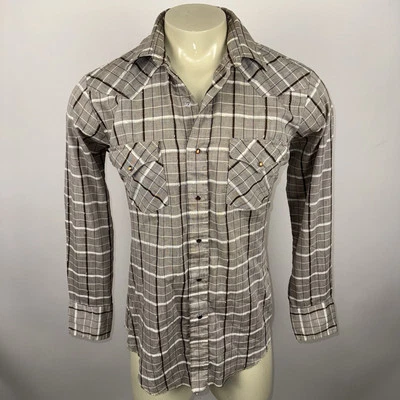 Vtg 70s Pearl Snap Shirt Karman Western Brown Plaid Rockabilly Mens Medium - Image 1 of 4