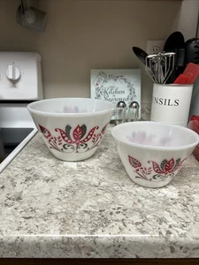 Vtg Anchor Hocking Fire King Red & Black Modern Tulip Tapered Mixing Bowls - Picture 1 of 10