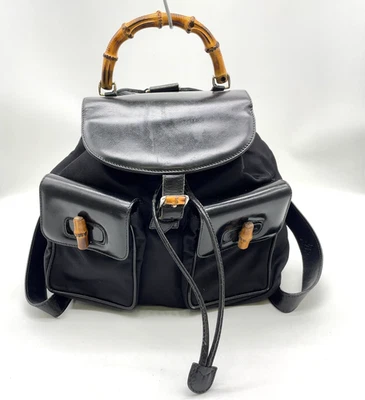 Auténtica Mochila Gucci Bambú Nylon X Cuero 003.1998 Negra con Bolsa para el Polvo NS120132 Foto 1 de 4