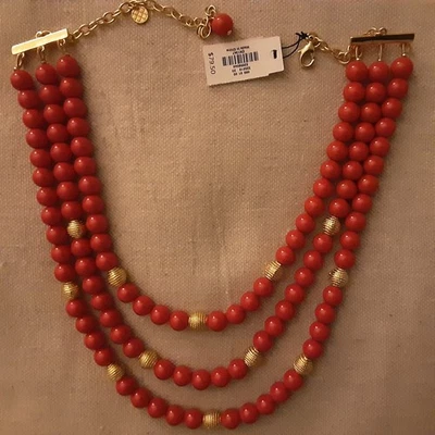 TALBOTS Holiday! Triple Strand Red/Gold Bead Necklace  NWT  - Image 1 of 4