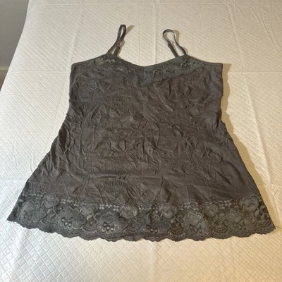 Dressbarn Y2K Crinkle Cami Tank Top Grey Med Lace Trim Fairy Core Boho Whimsy - Image 1 of 4