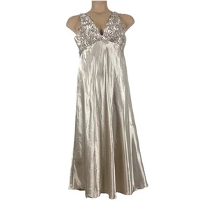 Flora Women’s Slip Dress L Champagne Gold Satin Maxi 3D Florals Lingerie Prom - Picture 1 of 10