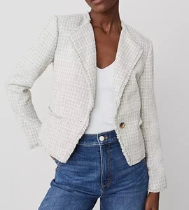 CHAQUETA BLAZER TWEED CUELLO CAÍDO ANN TAYLOR NUEVA CON ETIQUETAS TALLA 8 GRIS CREMA NUEVA - Imagen 1 de 15
