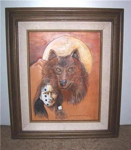WOLF & WARRIOR TOOLED LEATHER FOLK ART ORIGINAL PICTURE NATIVE AMERICA INDIAN NA - Picture 1 of 2