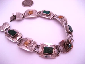 Vintage Retro Sterling Silver & 18K Gold Indian Jade Cuff Link Panel Bracelet - Picture 1 of 8