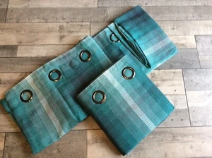 NEXT FULTON TEAL GREEN GRADED WOVEN CHECK EYELET LINED CURTAINS 89X90" RRP £175 - Picture 1 of 4