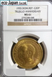 Dominican Republic 1955 Trujillo 30 Peso Gold Coin NGC MS61 - Picture 1 of 4