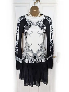 JUST CAVALLI Black & White Floral Silk Hem Dress, Size S 10 - VGC - Picture 1 of 9