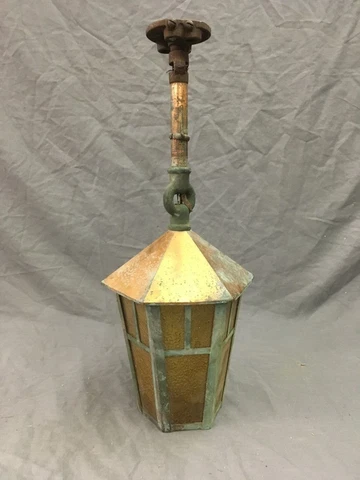 Vtg Copper Porch Ceiling Light Lantern Amber Stained Glass Panels Old 59-18E Cover