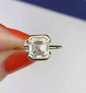 Solitairy Engagement Ring Asscher Simulated Diamond 925 Yellow Sterling Silver - Picture 1 of 5