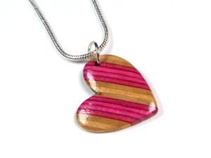RECYCLED SKATEBOARD Small Heart Necklace Wooden Love Pendant Handmade Womens - Picture 1 of 7