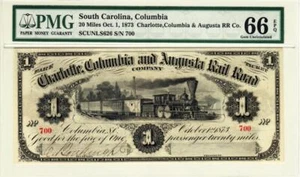 1873 $1 State of South Carolina Rail Road Gem Uncirculated PMG 66 EPQ- STUNNING! - Picture 1 of 11