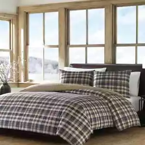 3 Piece Indigo Blue Plaid Breathable Reversible Soft Cotton King Comforter Set - Picture 1 of 3