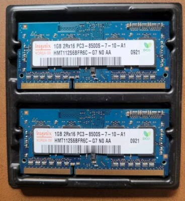 Hynix 2GB (2x1GB) 2Rx16 PC3-8500S DDR3 So-Dimm Laptop Memory HMT112S6BFR6C-G7 - Image 1 of 2