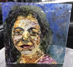 Original Painting On Plastic Lady With Black Hair Blue Background - Picture 1 of 5