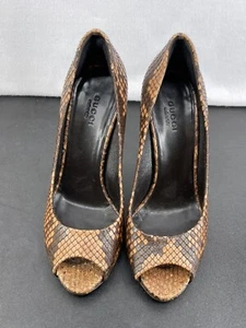 Gucci Brown Leather Python Peep Toe 4” Stilettos Pumps Size 5.5US Made In Italy - Picture 1 of 16