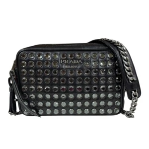 PRADA crystal studs Shoulder Bag Cross Body 1BH103 leather Chain used - Picture 1 of 7
