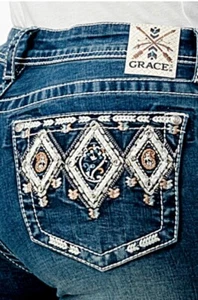 Grace in LA Women's Aztec Motif Embroidered Bootcut Stretch Jeans - Picture 1 of 3