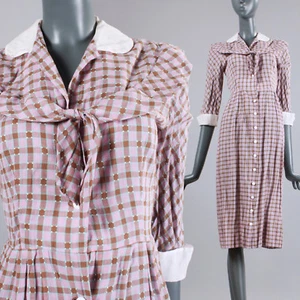 S Vintage 30s Purple Plaid Dress Tissue Cotton Day Glass Button Up Summer 1930s - Picture 1 of 10