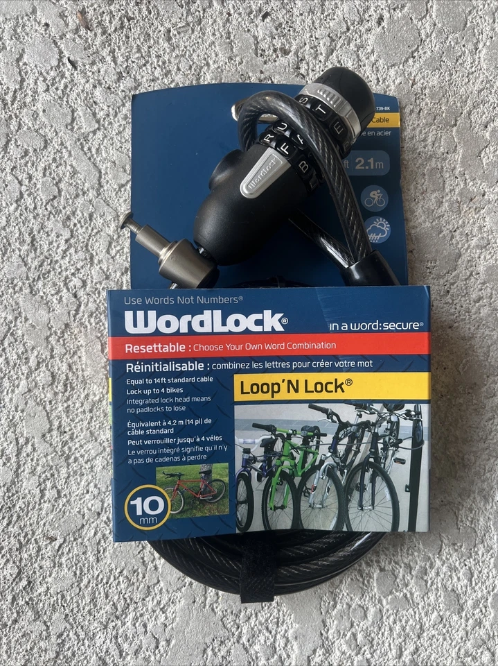 Cabo combinado trava de bicicleta por WordLock. Cabo Loop’N Lock 7 pés, preto Cl 739 - Imagem 1 de 2