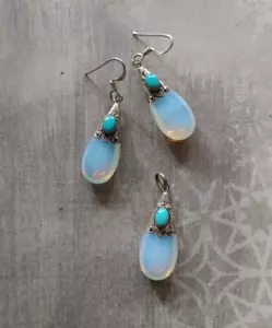 Vintage pendant earrings SET natural turquoise opalized glass sterling silver - Picture 1 of 8