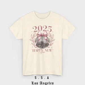 2025 Happy New Year T-Shirt – Festive Disco Ball Bow Design Tee - Picture 1 of 40