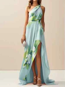 Fehaute Light Blue Floral One-Shoulder Slit A-Line Gown NWTag Size 8 - Picture 1 of 1