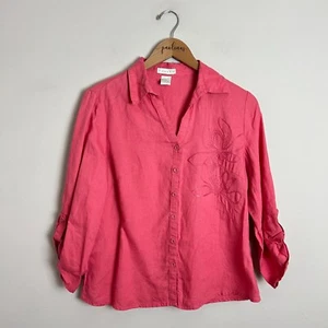 Tweeds Top Womens Medium Pink Embroidered Linen Button Up Shirt M - Picture 1 of 6