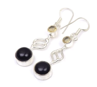Round Shape Black Onyx Citrine Handmade Jewelry Earring 1.5 E030 - Image 1 of 4
