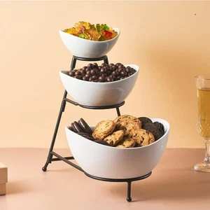 3 Tier Serving Bowls Set Tiered Serving Stand, Porcelain Oval Bowls - Picture 1 of 5