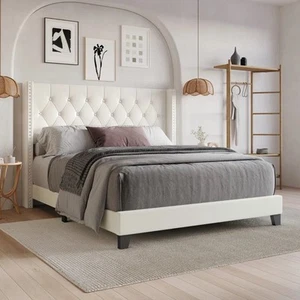 Queen Size Bed Frame with Button Tufted Wingback Headboard, Modern Upholstere... - Picture 1 of 4