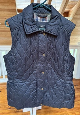Chaleco LL Bean Para Mujer Negro Acolchado Forrado a Cuadros Pana Cuello Bolsillos Talla L Foto 1 de 4