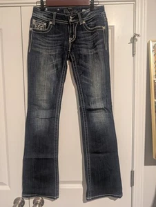 Miss Me Blue Jeans Womens 27 Signature Boot Sequins Back Pockets double button - Picture 1 of 10
