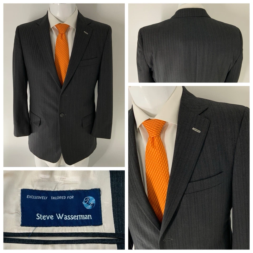 Tom James Bespoke Blazer 38R Gray Striped Wool 2B 2V Made In USA YGI Q5-41 - Image 1 of 4