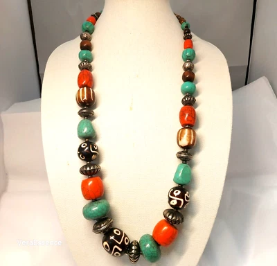 Collar de cuentas vintage firmado India imitación coral turquesa DZI 34" declaración Foto 1 de 4